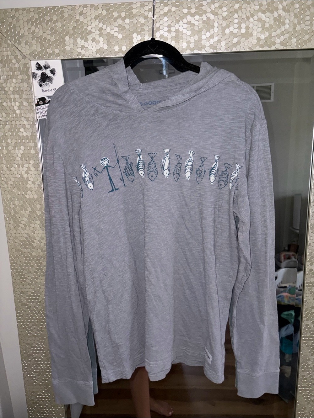 Life Is Good Light Gray Long Sleeve Hooded Tee with Fish Row Graphic